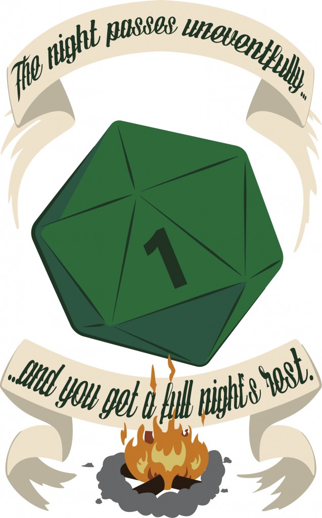 A shirt design based on rolling encounters during rest in D&D 5e.